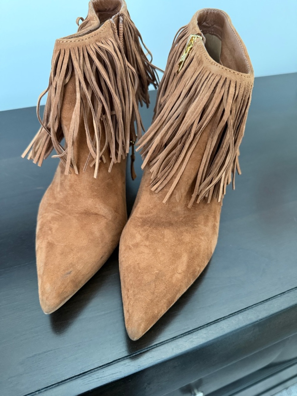Sam Edelman Tan Suede Pointed-Toe Fringe Ankle Boots